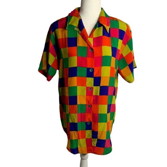 Vintage Silky Button Down Short Sleeve Shirt M Multicolored Check Shoulder Pads - Picture 2 of 6